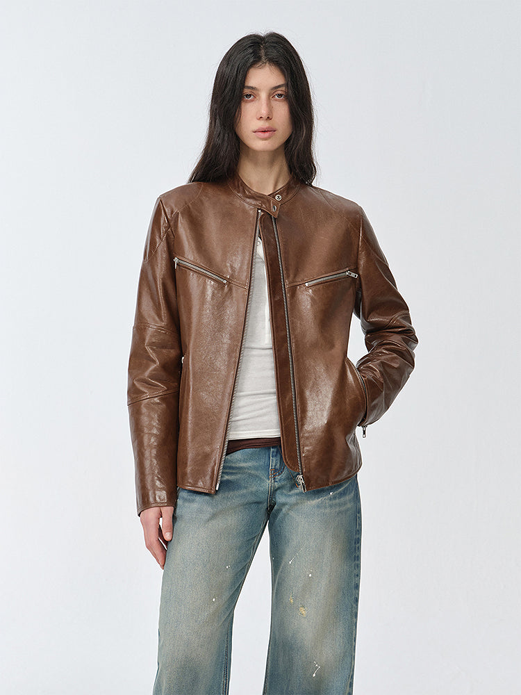 Waxed Sheepskin/Cowhide Vintage Leather Jacket