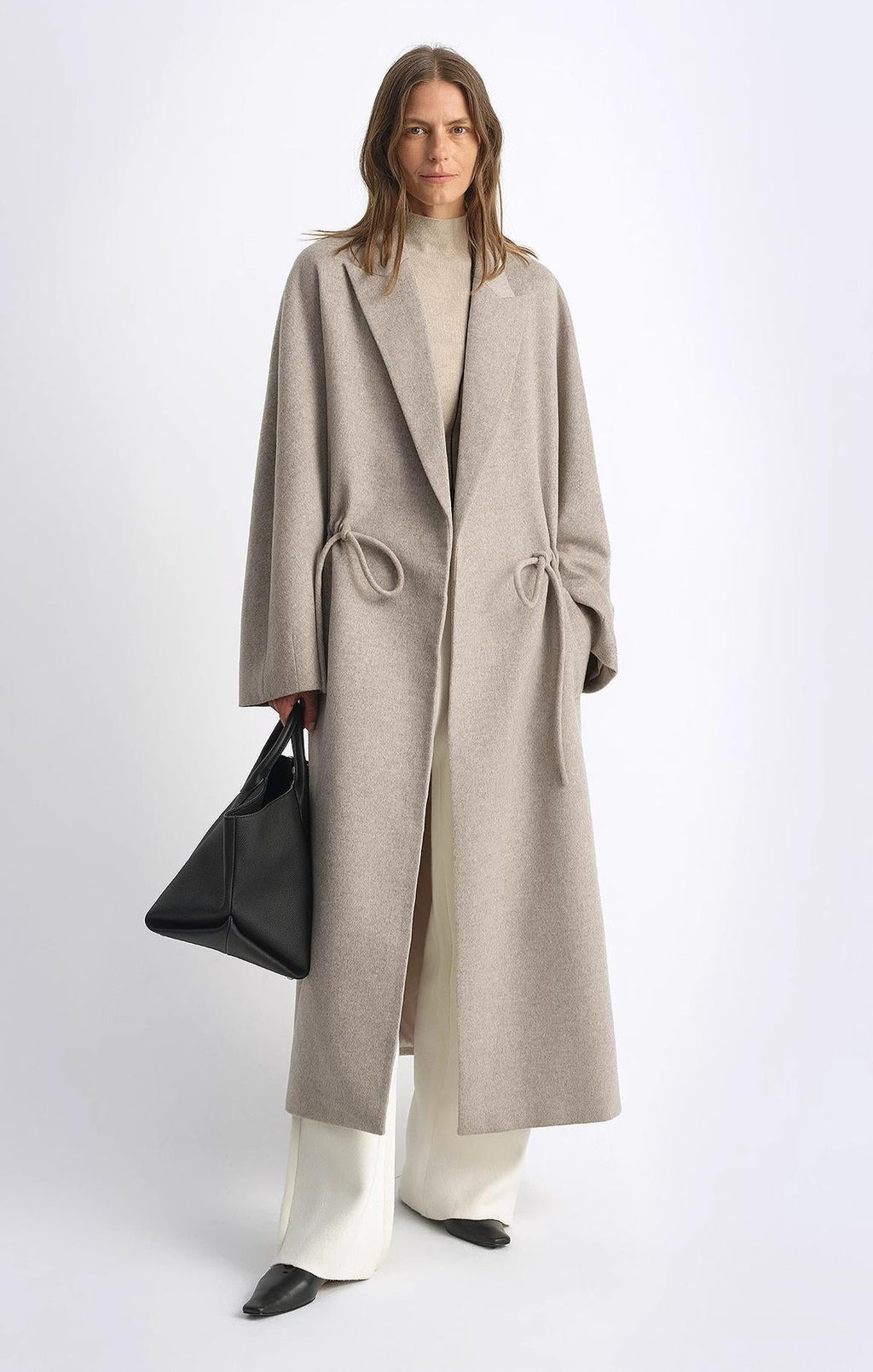 Peaked Lapel Drawstring Mid-Length Wool Coat - Light Coffee / Deep Coffee