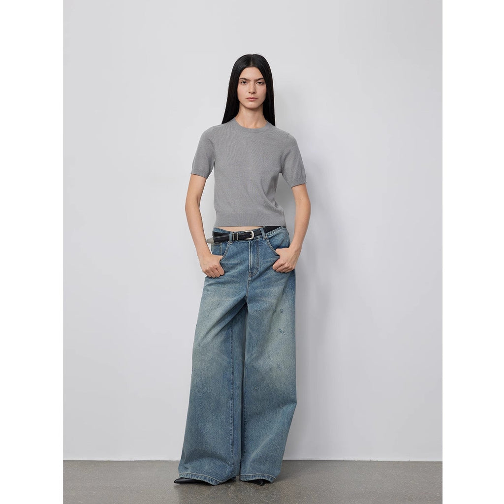 Retro Washed Distressed Wide Straight Leg Jeans