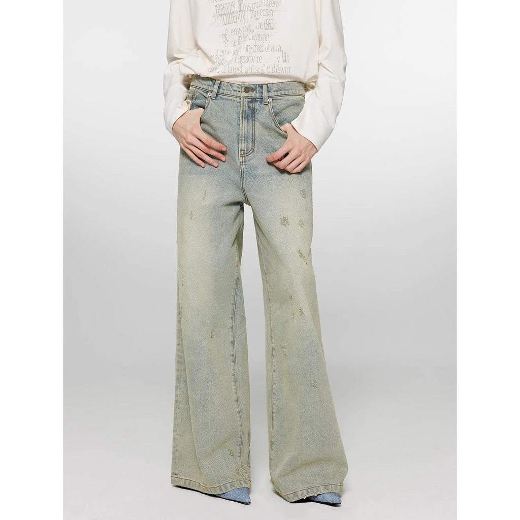 Retro Washed Distressed Wide Straight Leg Jeans