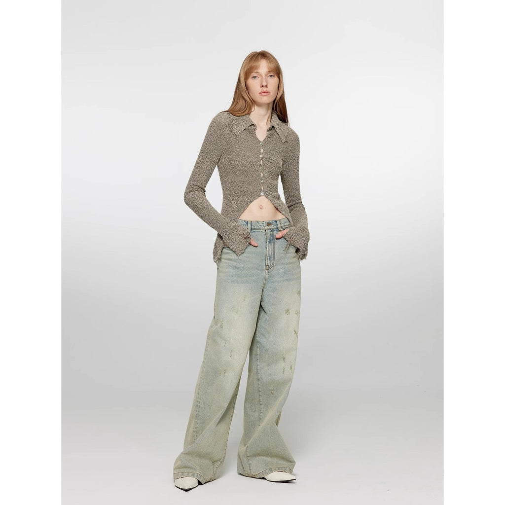 Retro Washed Distressed Wide Straight Leg Jeans