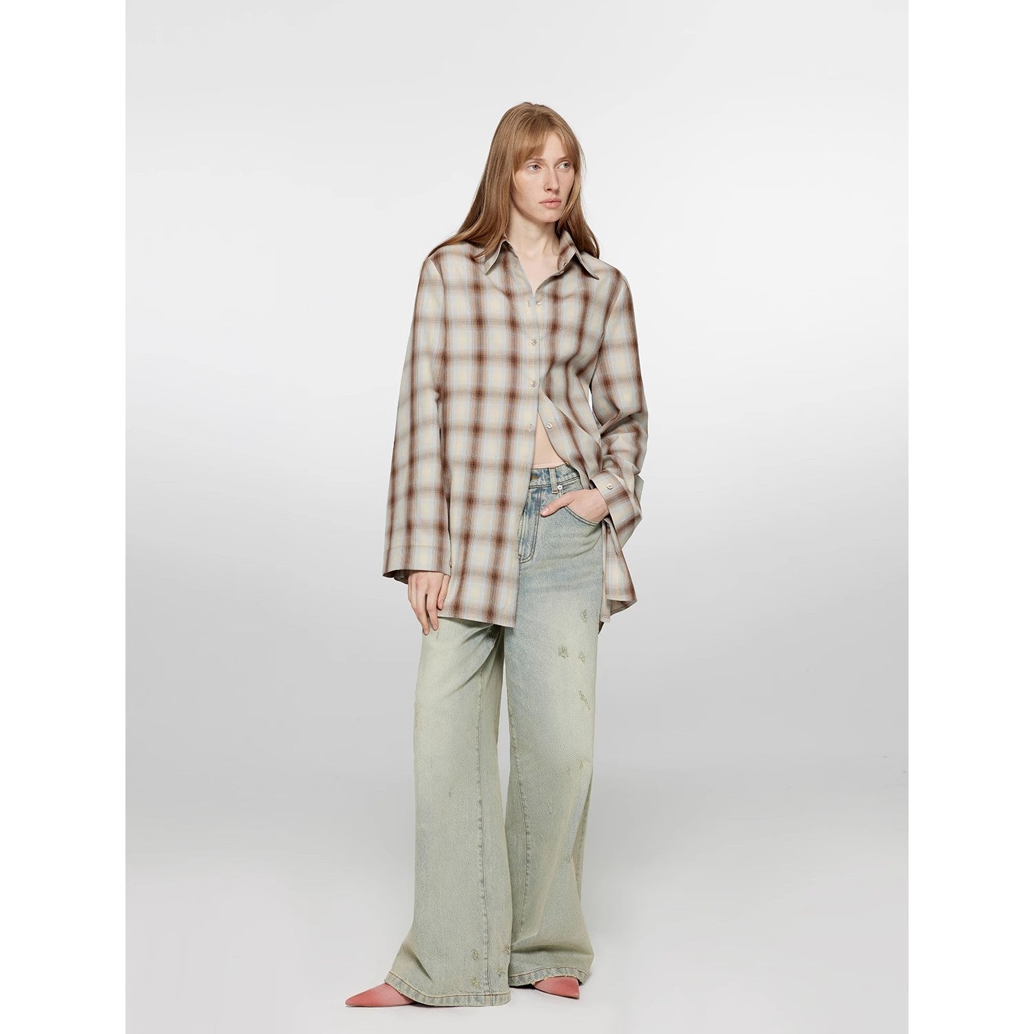 Retro Washed Distressed Wide Straight Leg Jeans
