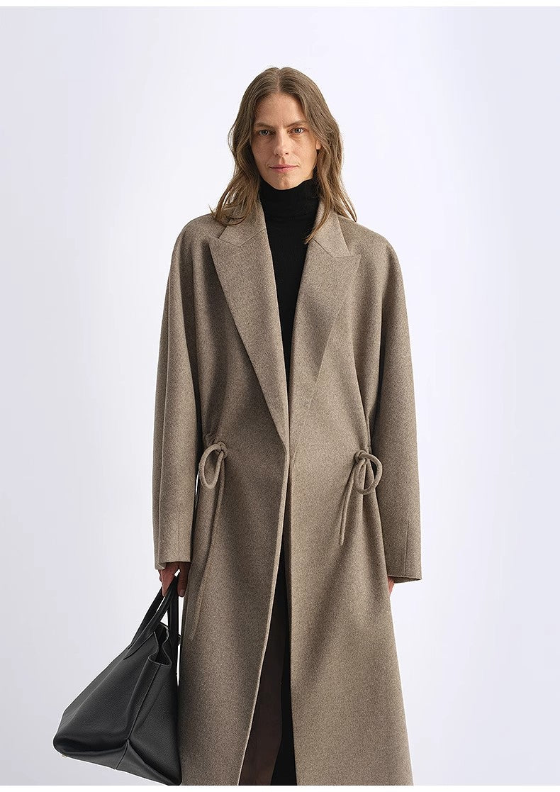 Peaked Lapel Drawstring Mid-Length Wool Coat - Light Coffee / Deep Coffee