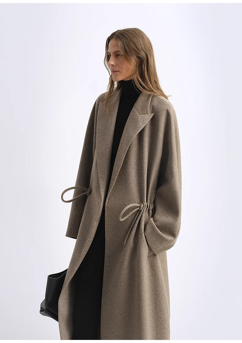 Peaked Lapel Drawstring Mid-Length Wool Coat - Light Coffee / Deep Coffee