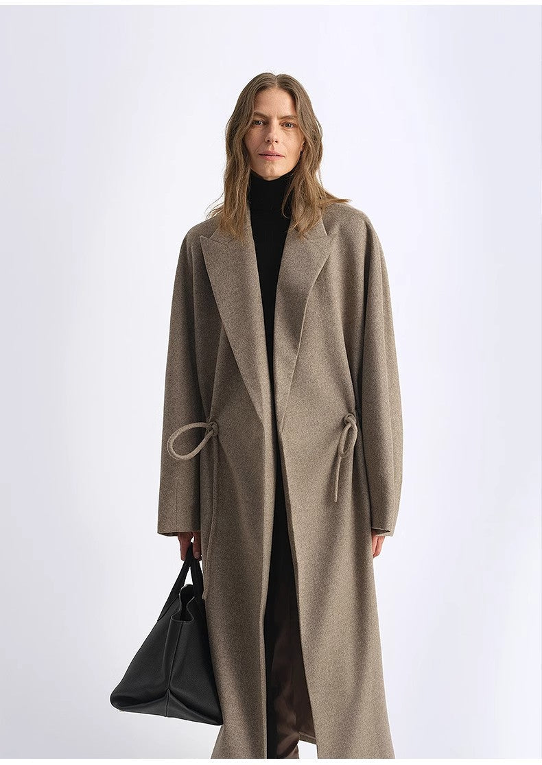 Peaked Lapel Drawstring Mid-Length Wool Coat - Light Coffee / Deep Coffee