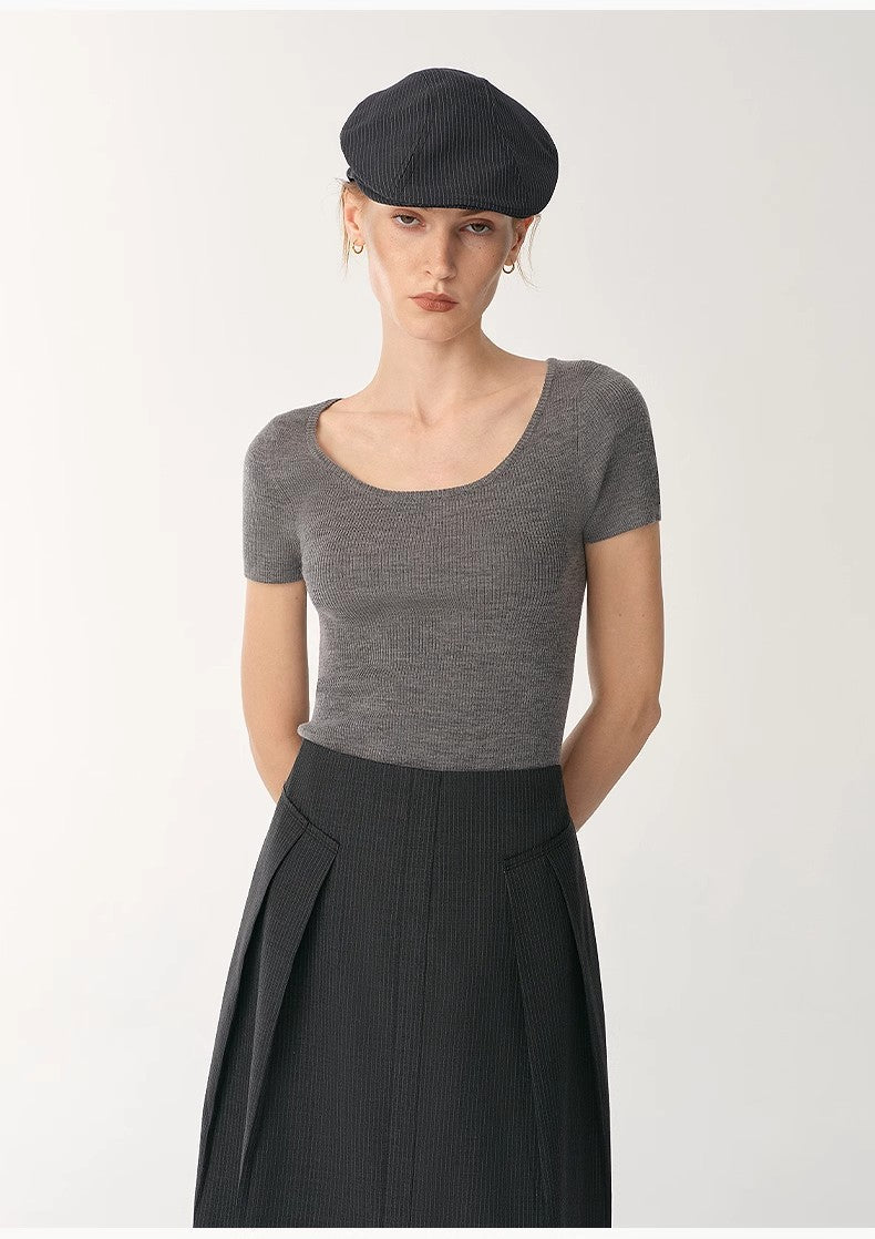 Round Neck Slim Short Sleeve Wool Top