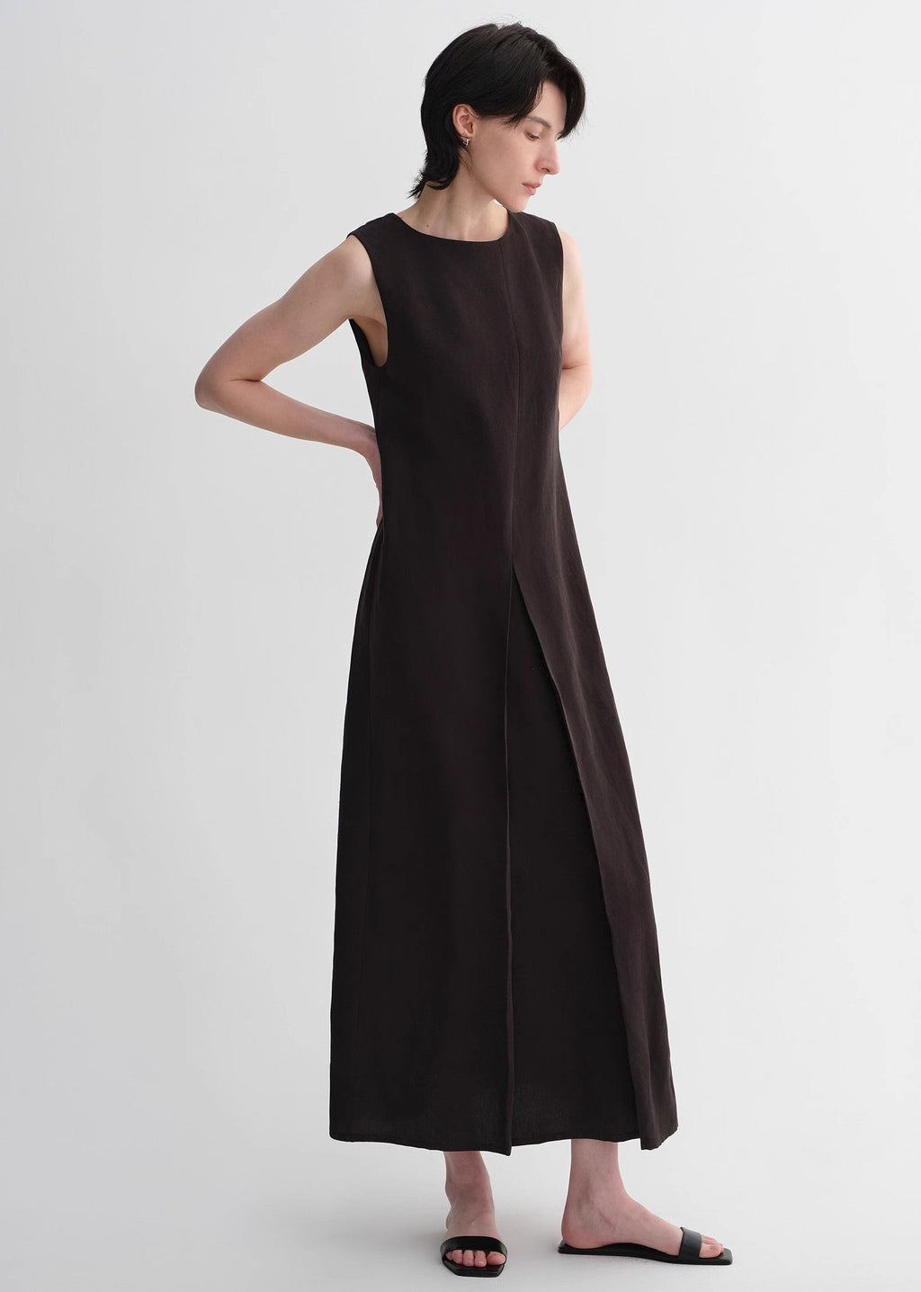 Mulberry Silk Sleeveless Round Neck Oblique Pleated A-Line Dress