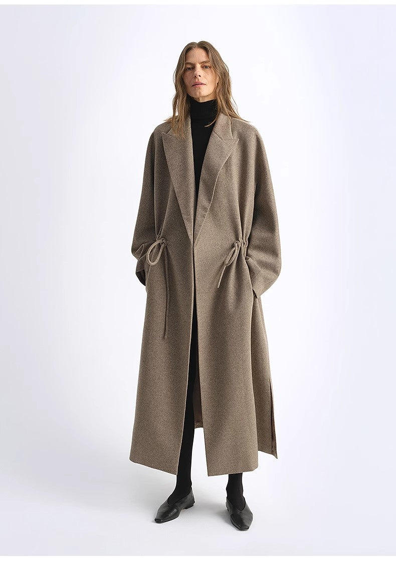 Peaked Lapel Drawstring Mid-Length Wool Coat - Light Coffee / Deep Coffee
