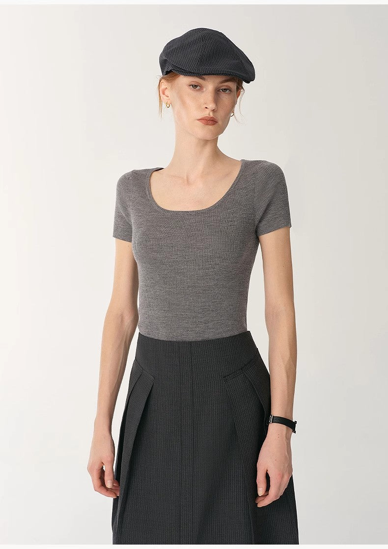 Round Neck Slim Short Sleeve Wool Top