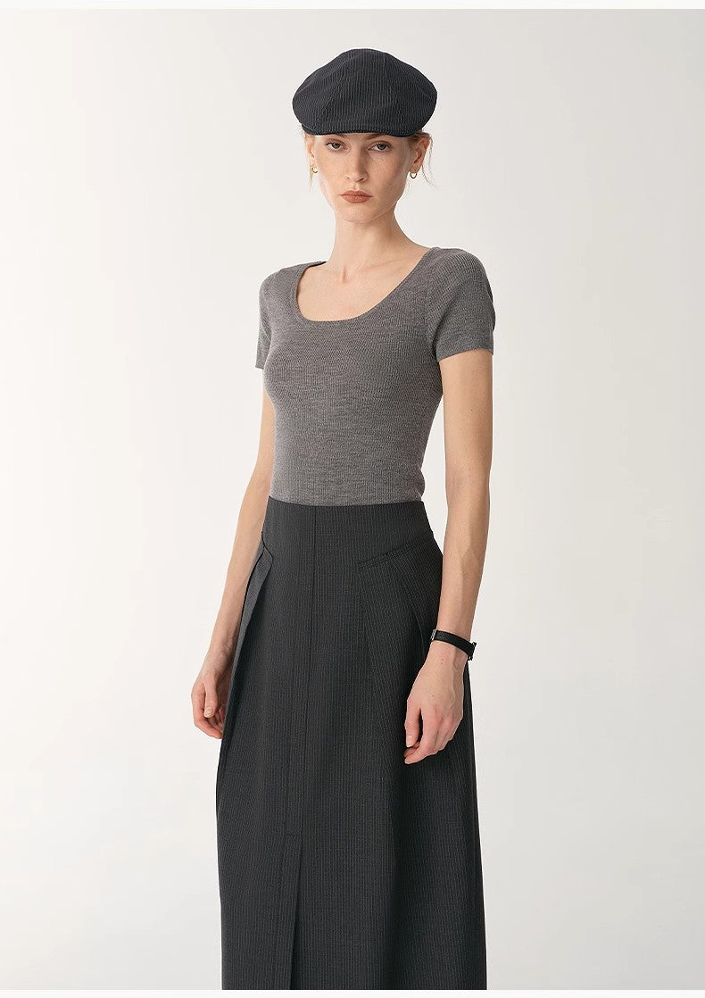 Round Neck Slim Short Sleeve Wool Top
