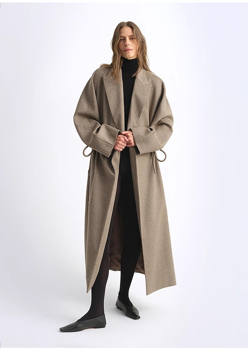 Peaked Lapel Drawstring Mid-Length Wool Coat - Light Coffee / Deep Coffee