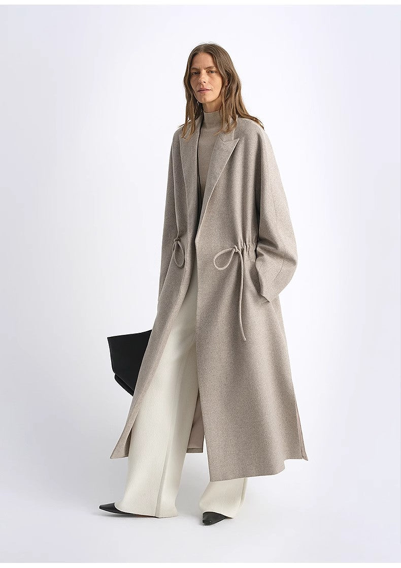 Peaked Lapel Drawstring Mid-Length Wool Coat - Light Coffee / Deep Coffee
