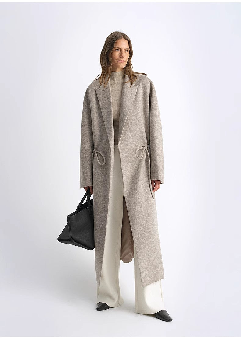 Peaked Lapel Drawstring Mid-Length Wool Coat - Light Coffee / Deep Coffee