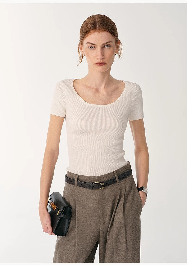 Round Neck Slim Short Sleeve Wool Top