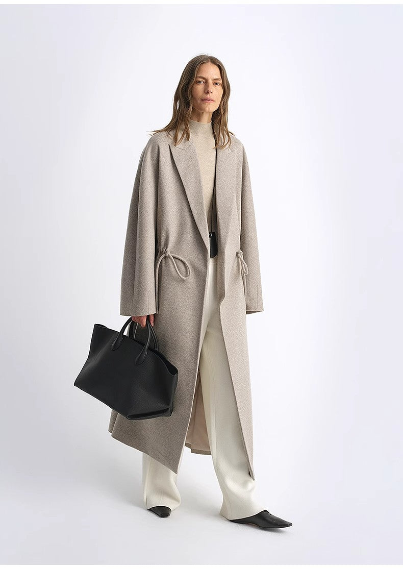 Peaked Lapel Drawstring Mid-Length Wool Coat - Light Coffee / Deep Coffee