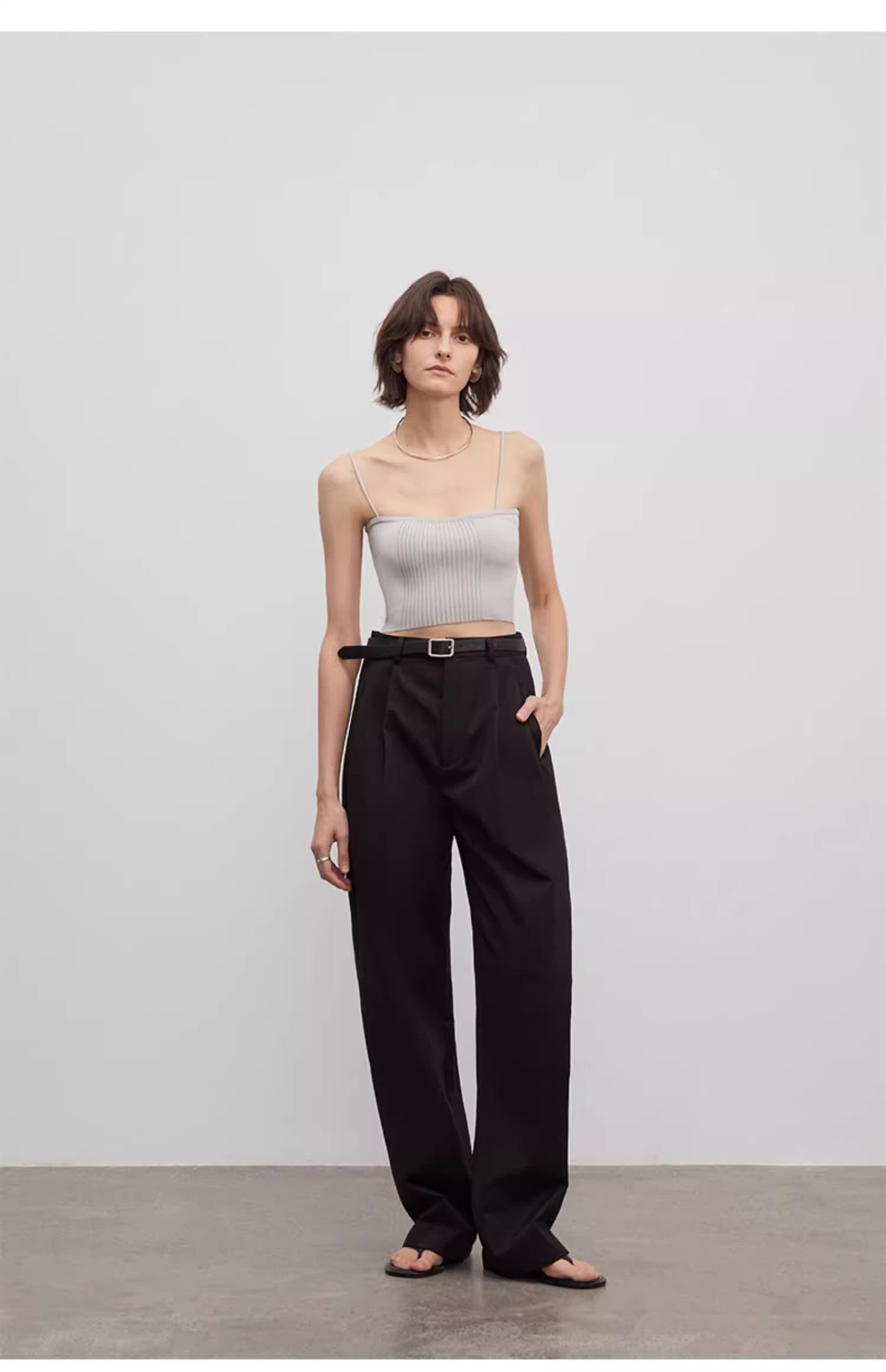 Spliced Double-Pleat Wide-Leg Trousers Straight-Leg Trousers for Women