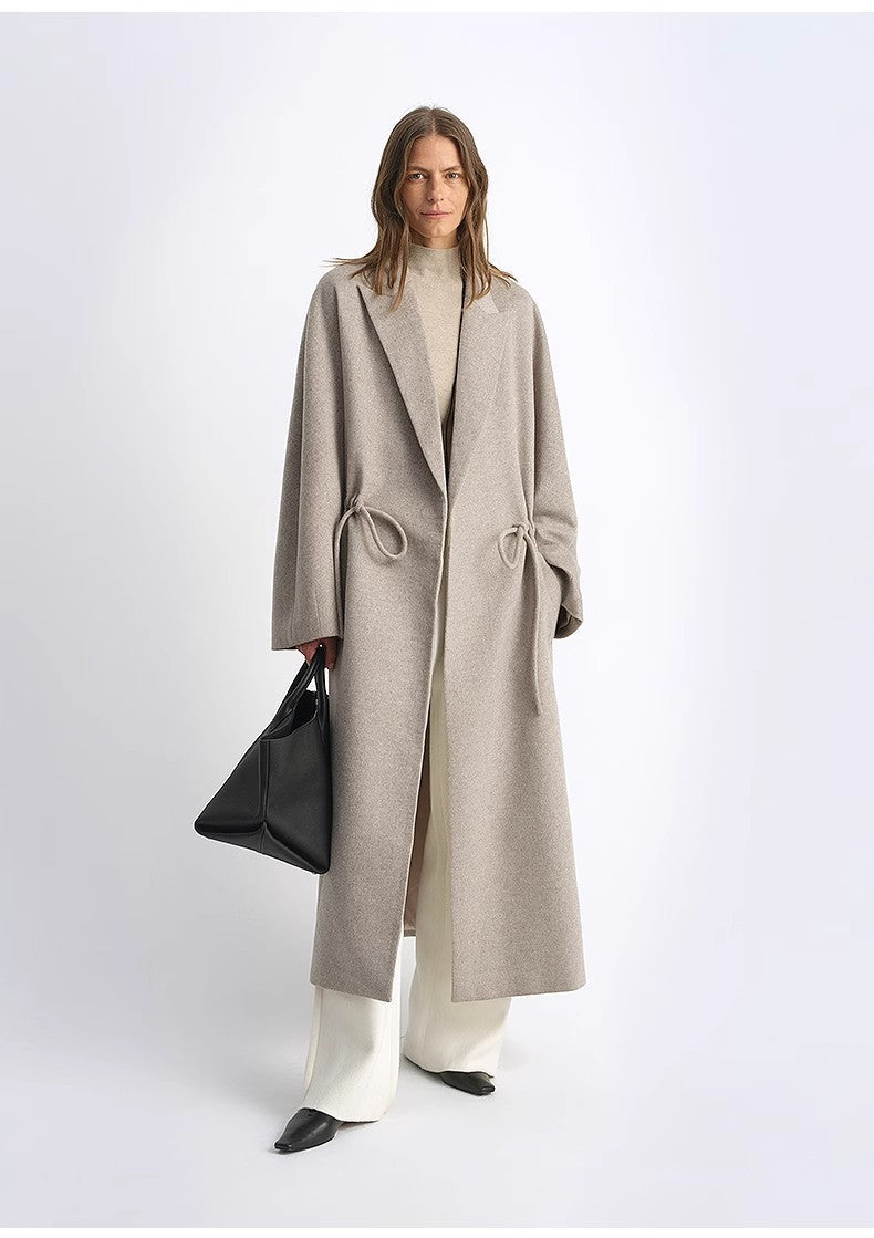 Peaked Lapel Drawstring Mid-Length Wool Coat - Light Coffee / Deep Coffee