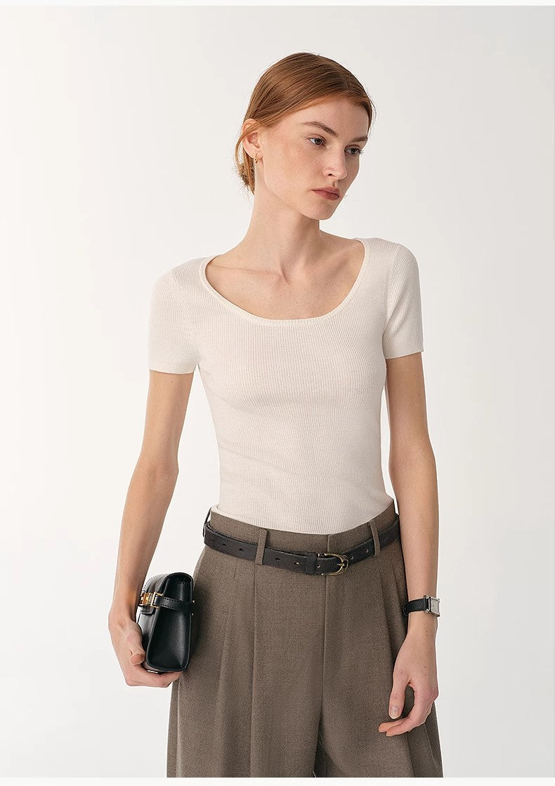 Round Neck Slim Short Sleeve Wool Top