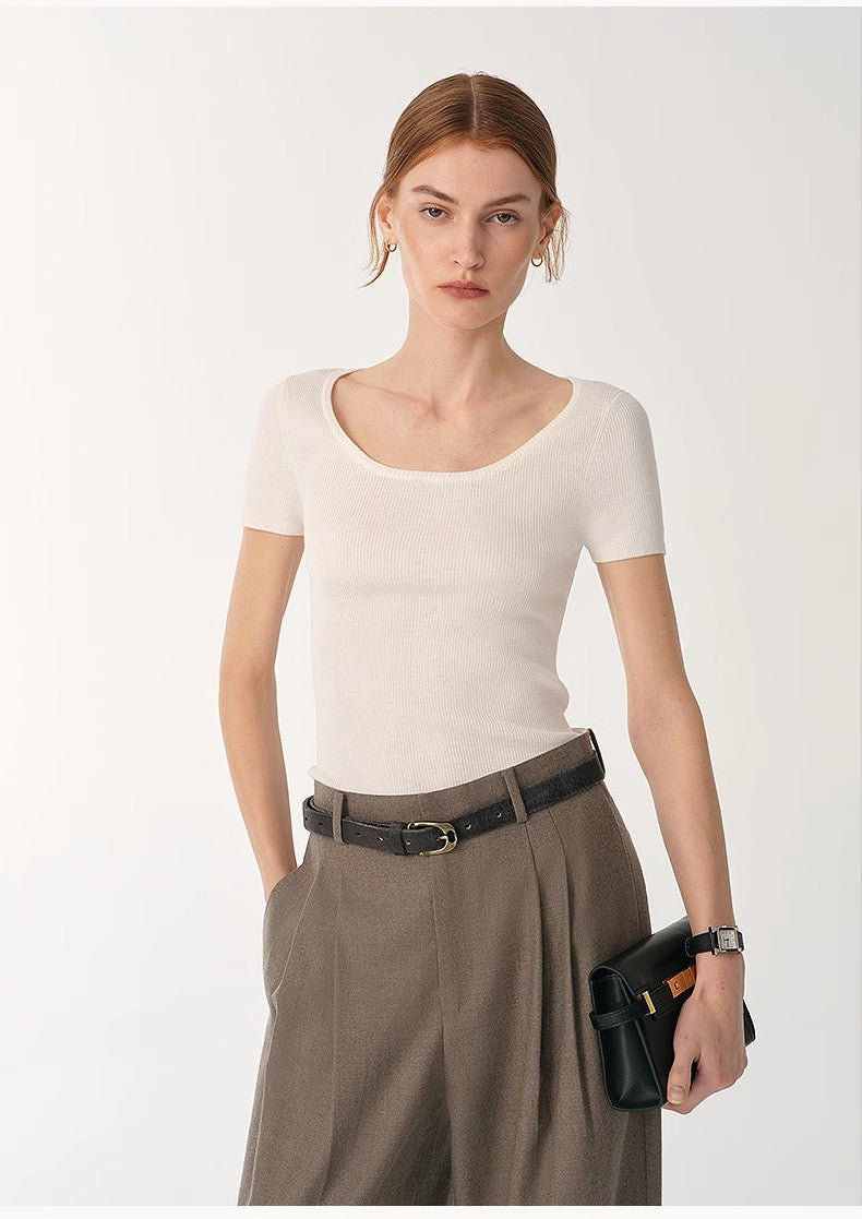 Round Neck Slim Short Sleeve Wool Top