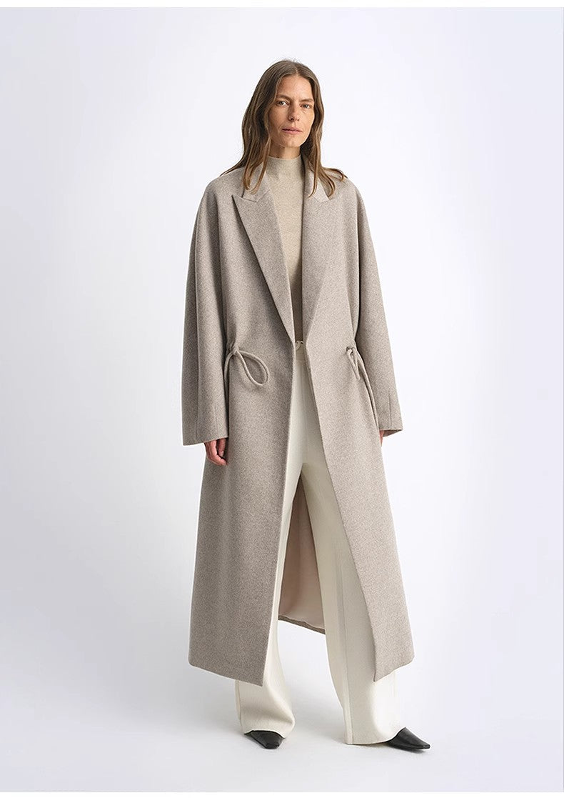 Peaked Lapel Drawstring Mid-Length Wool Coat - Light Coffee / Deep Coffee