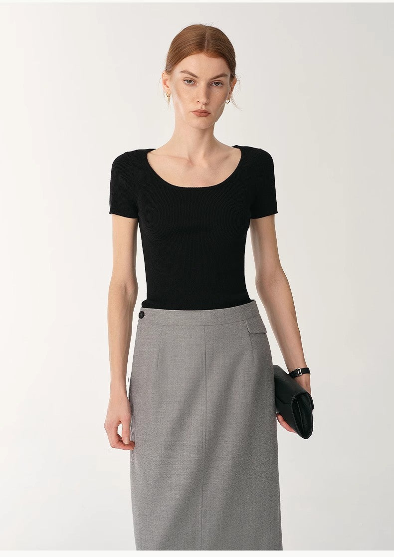 Round Neck Slim Short Sleeve Wool Top