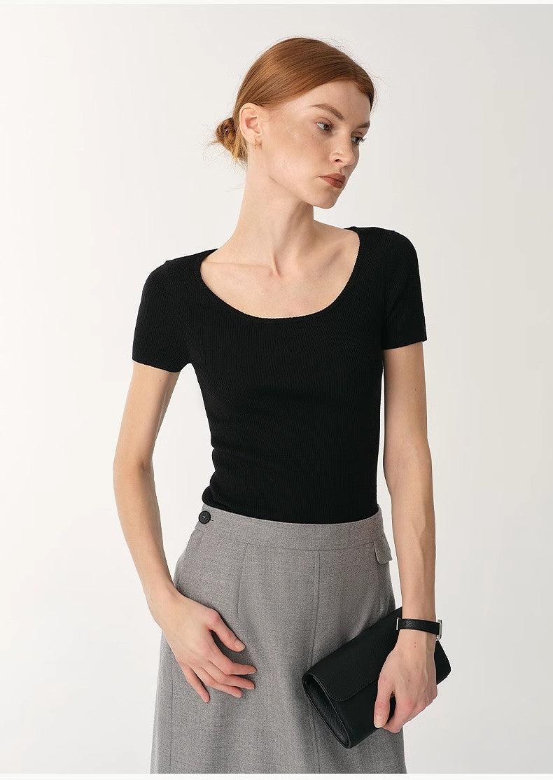 Round Neck Slim Short Sleeve Wool Top