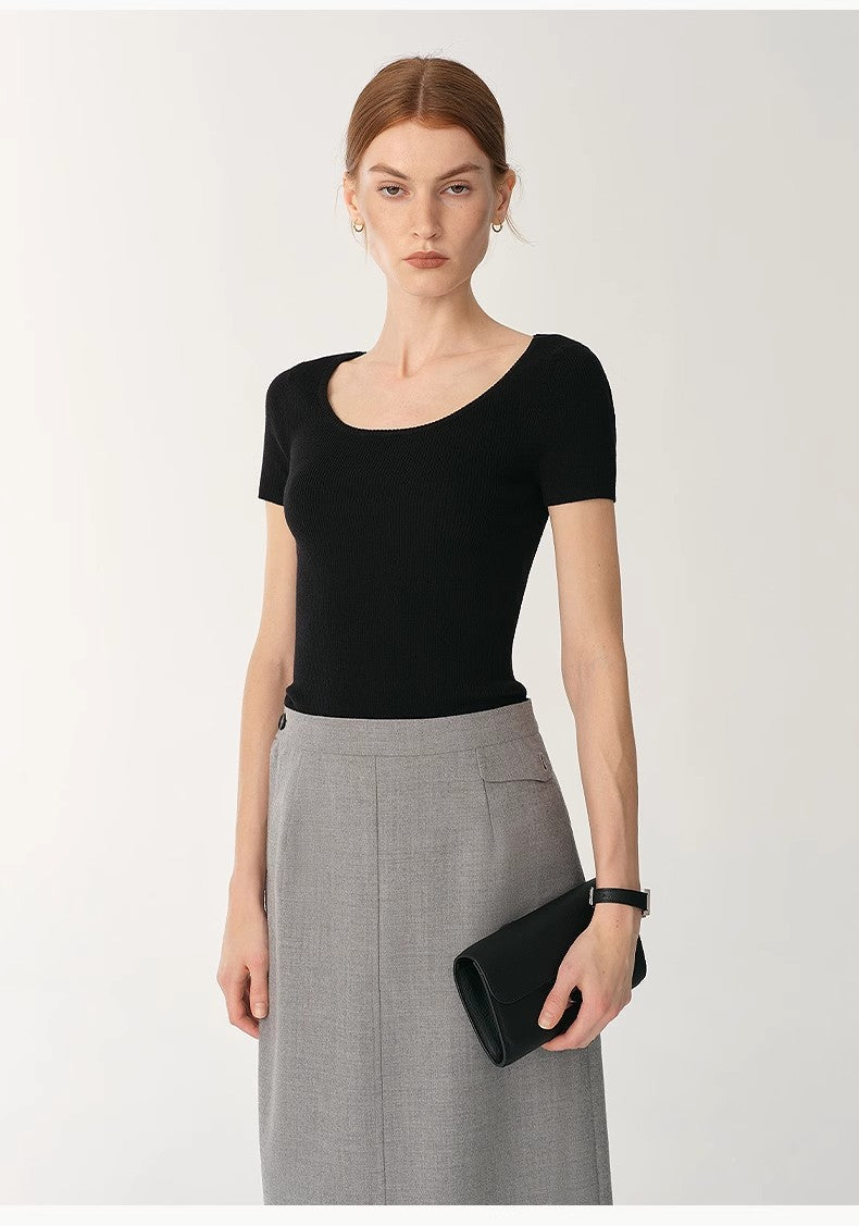 Round Neck Slim Short Sleeve Wool Top