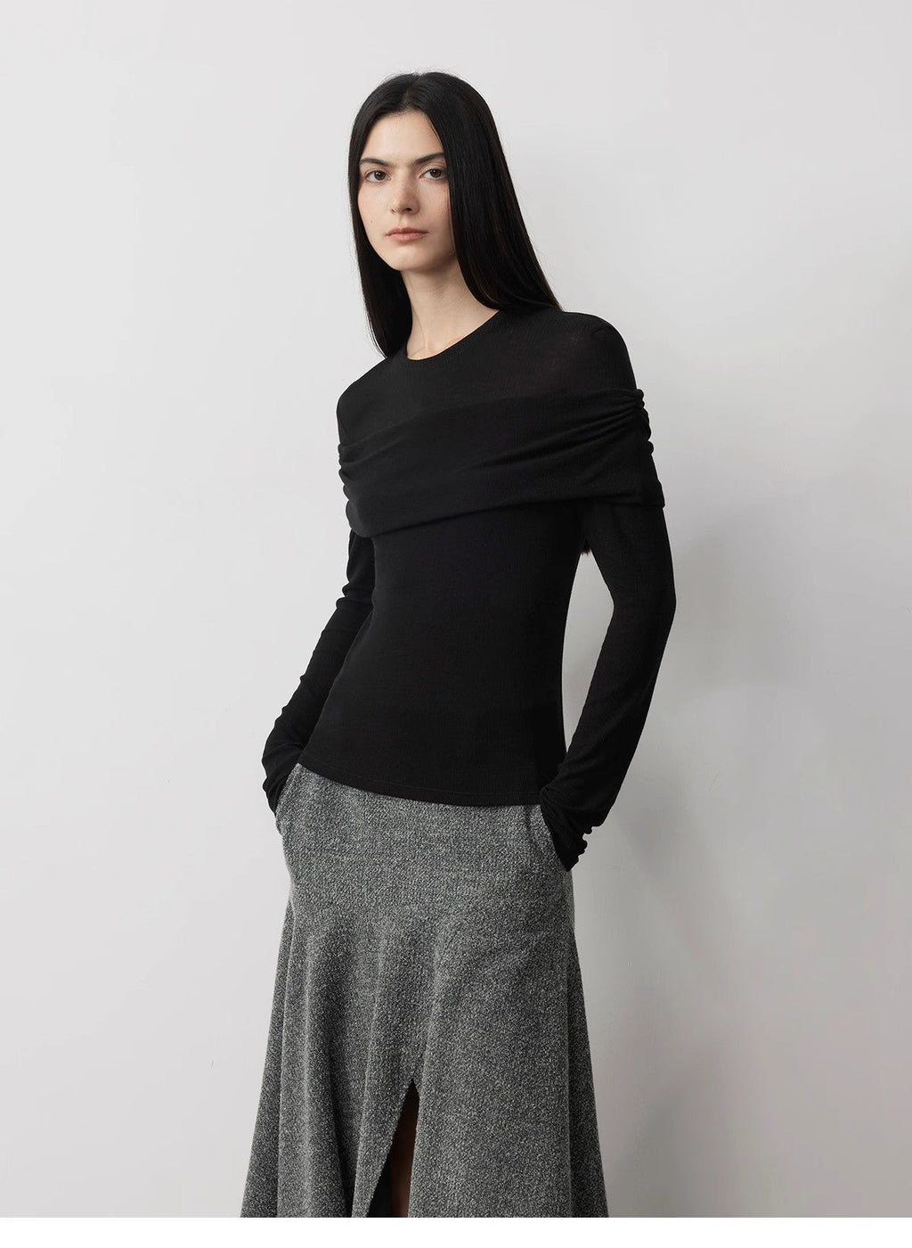 Spliced One-Shoulder Versatile Knitted Wool Top
