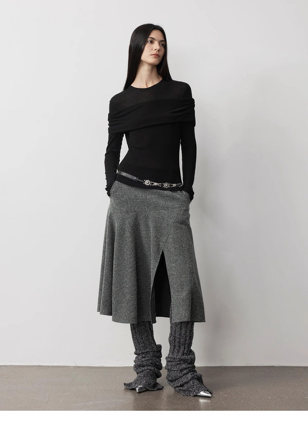 Spliced One-Shoulder Versatile Knitted Wool Top