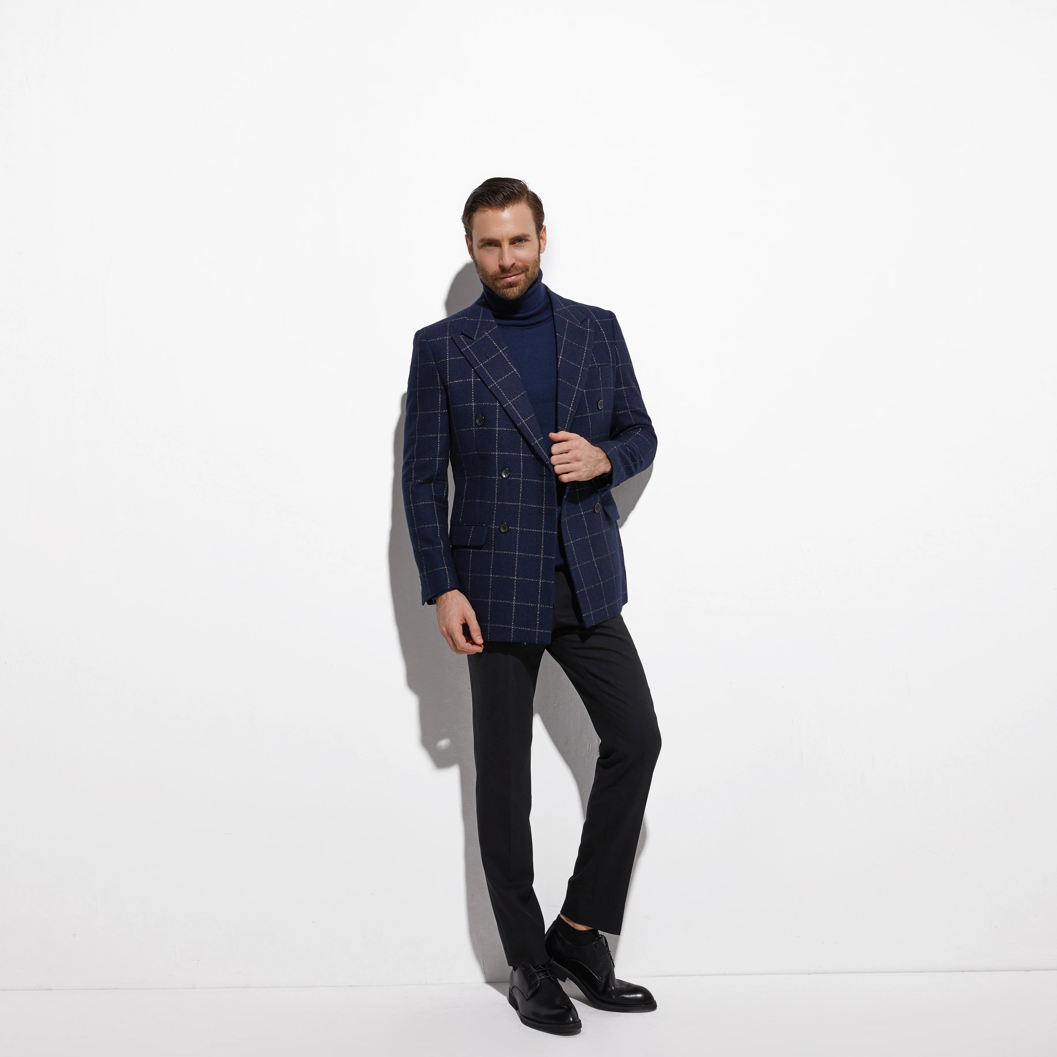 Wool Blend Navy Blue Windowpane Tweed Blazer – Single Breasted