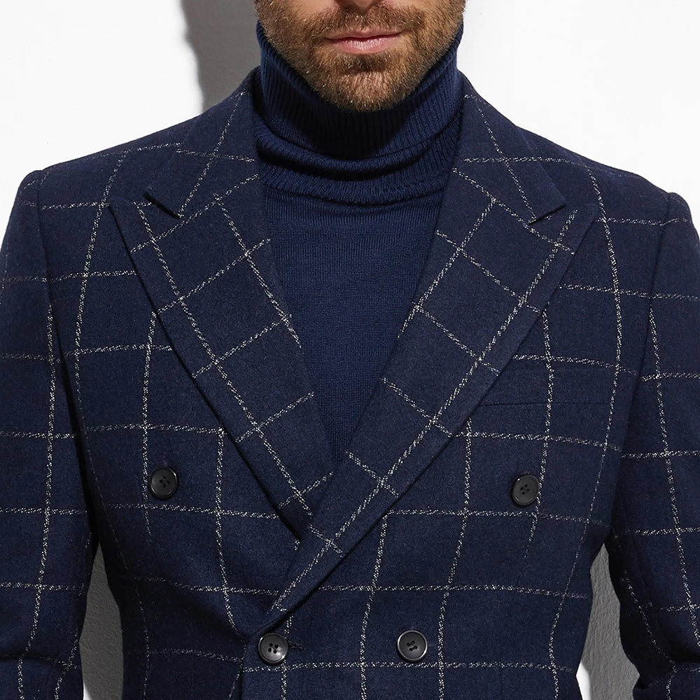 Wool Blend Navy Blue Windowpane Tweed Blazer – Single Breasted