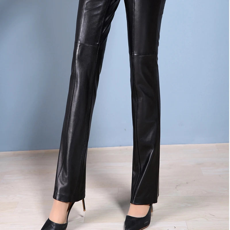 Genuine Leather Pants (Sheepskin) - Boot Cut, Full Length, Black/Brown