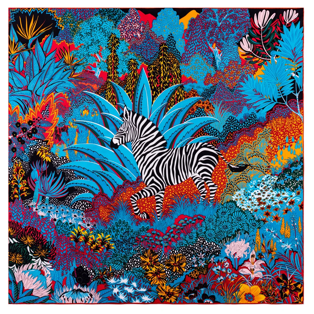 Bright Jungle Giraffe/Zebra Twill Silk Scarf