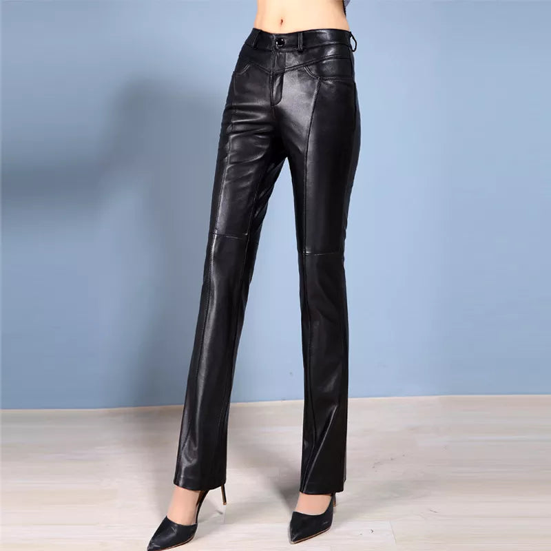 Genuine Leather Pants (Sheepskin) - Boot Cut, Full Length, Black/Brown