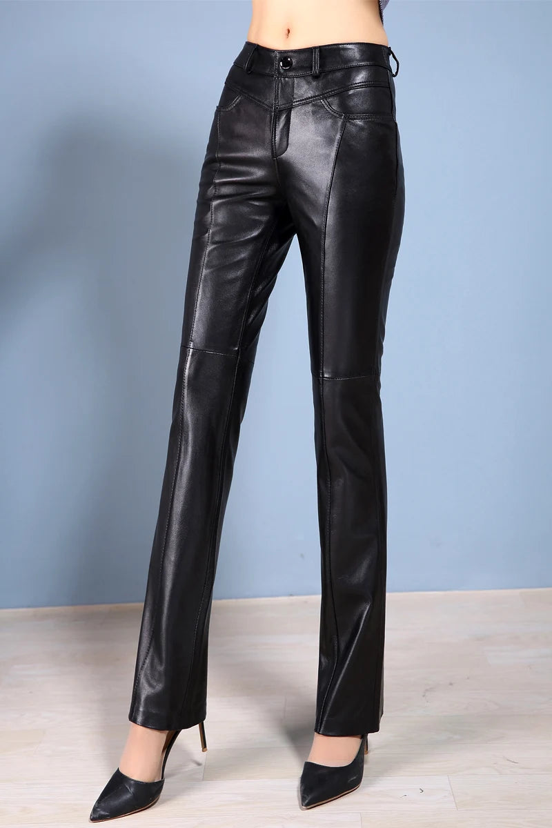 Genuine Leather Pants (Sheepskin) - Boot Cut, Full Length, Black/Brown