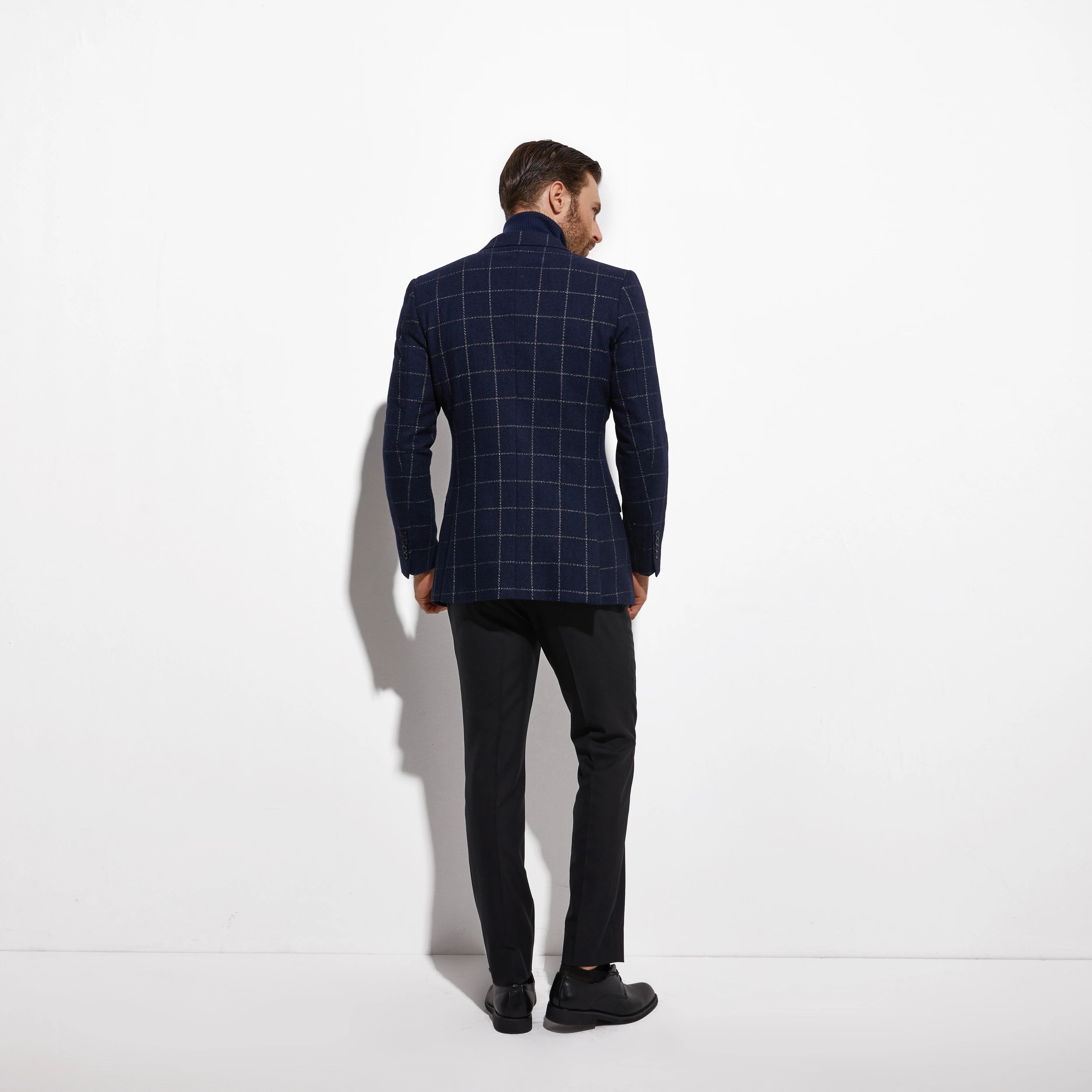 Wool Blend Navy Blue Windowpane Tweed Blazer – Single Breasted