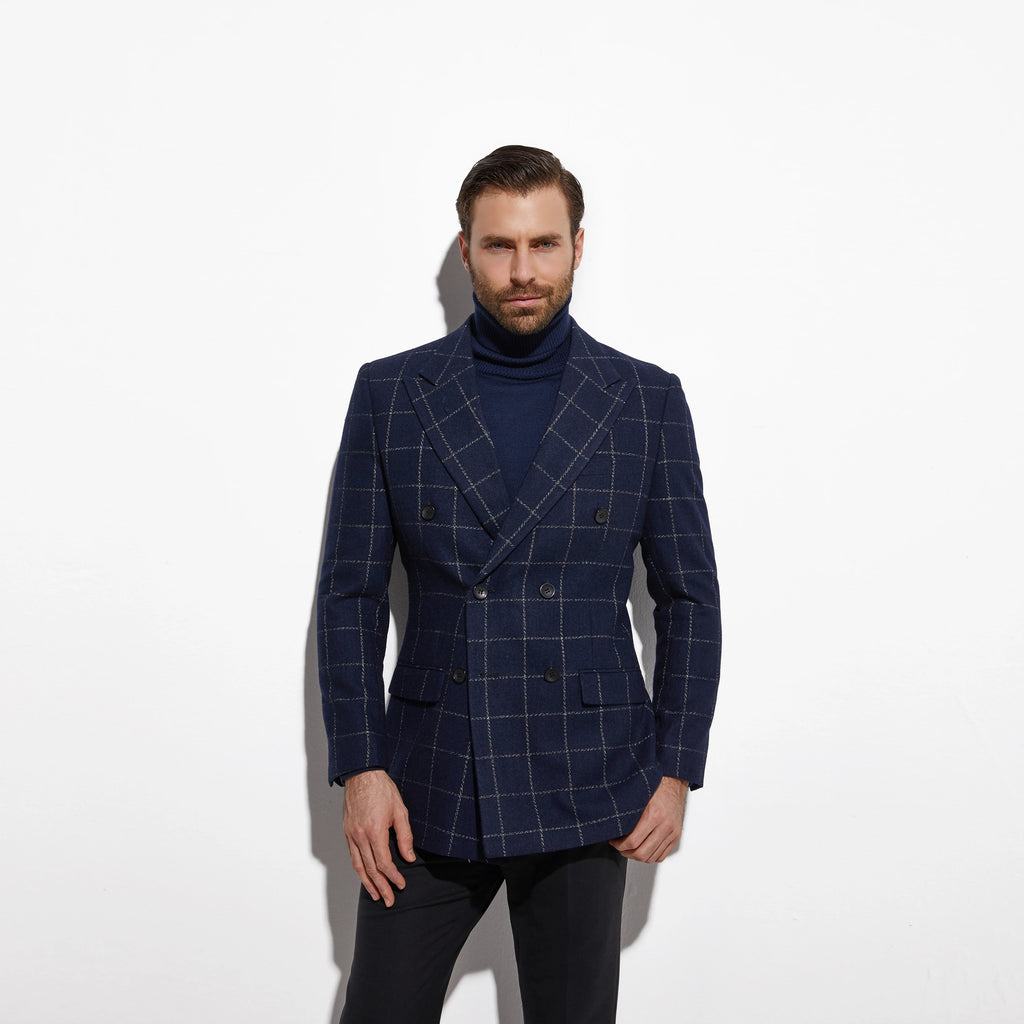 Wool Blend Navy Blue Windowpane Tweed Blazer – Single Breasted