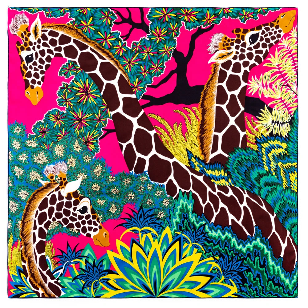 Bright Jungle Giraffe/Zebra Twill Silk Scarf