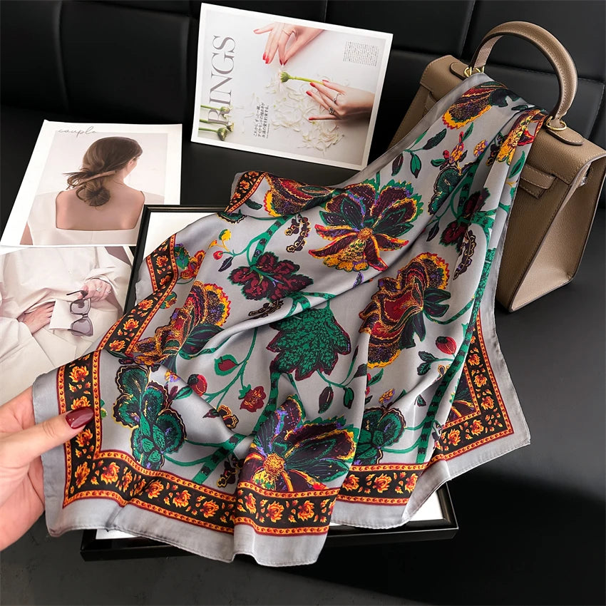Elegant Floral Silk Scarf - Square