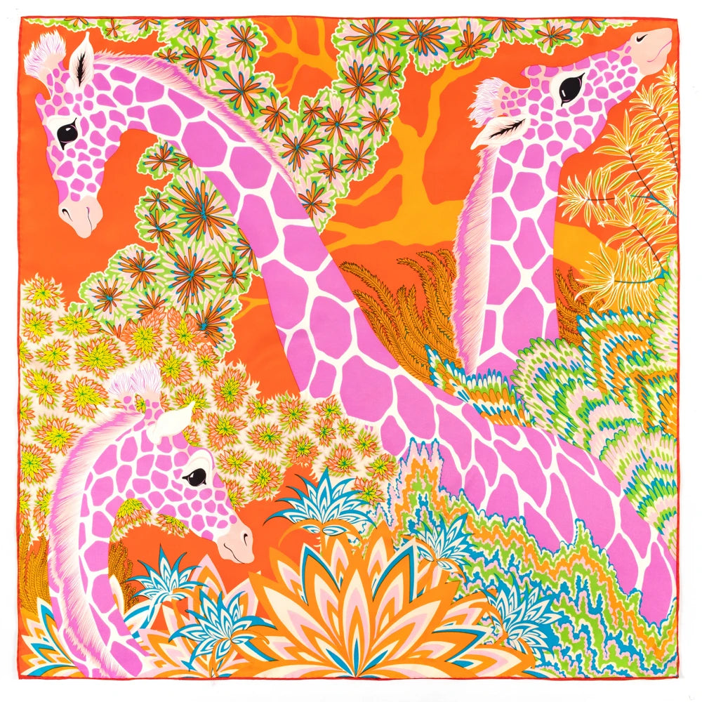 Bright Jungle Giraffe/Zebra Twill Silk Scarf