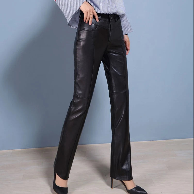 Genuine Leather Pants (Sheepskin) - Boot Cut, Full Length, Black/Brown