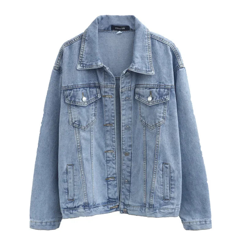 Vintage Women Oversize Denim Jackets Washed Blue Jeans Coat Turn-Down Collar