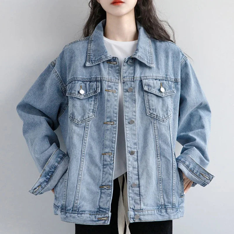 Vintage Women Oversize Denim Jackets Washed Blue Jeans Coat Turn-Down Collar
