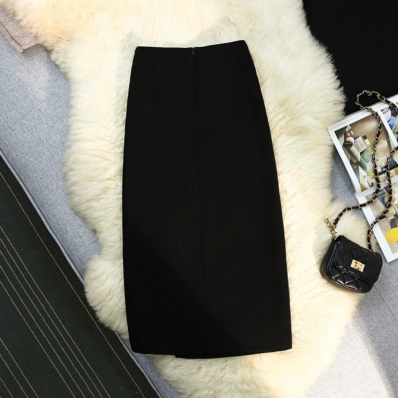 Solid Pencil Skirt – High Waist, Mid-Calf