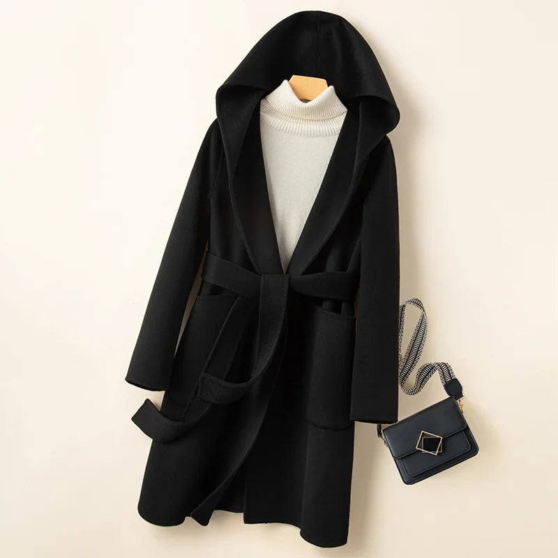 Double-Sided Cashmere Belted Hoodie Coat