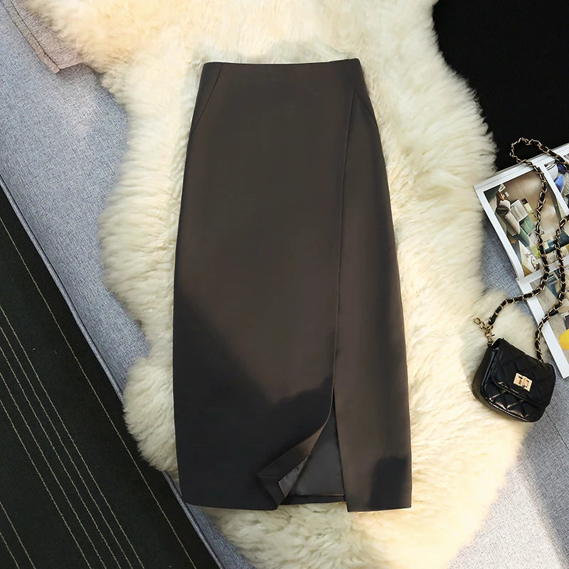 Solid Pencil Skirt – High Waist, Mid-Calf