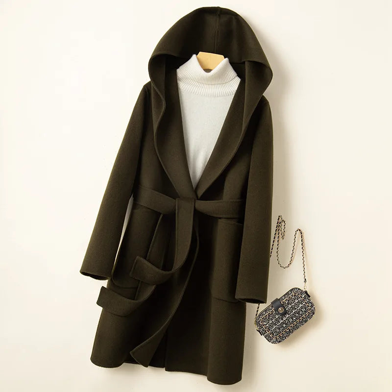 Double-Sided Cashmere Belted Hoodie Coat