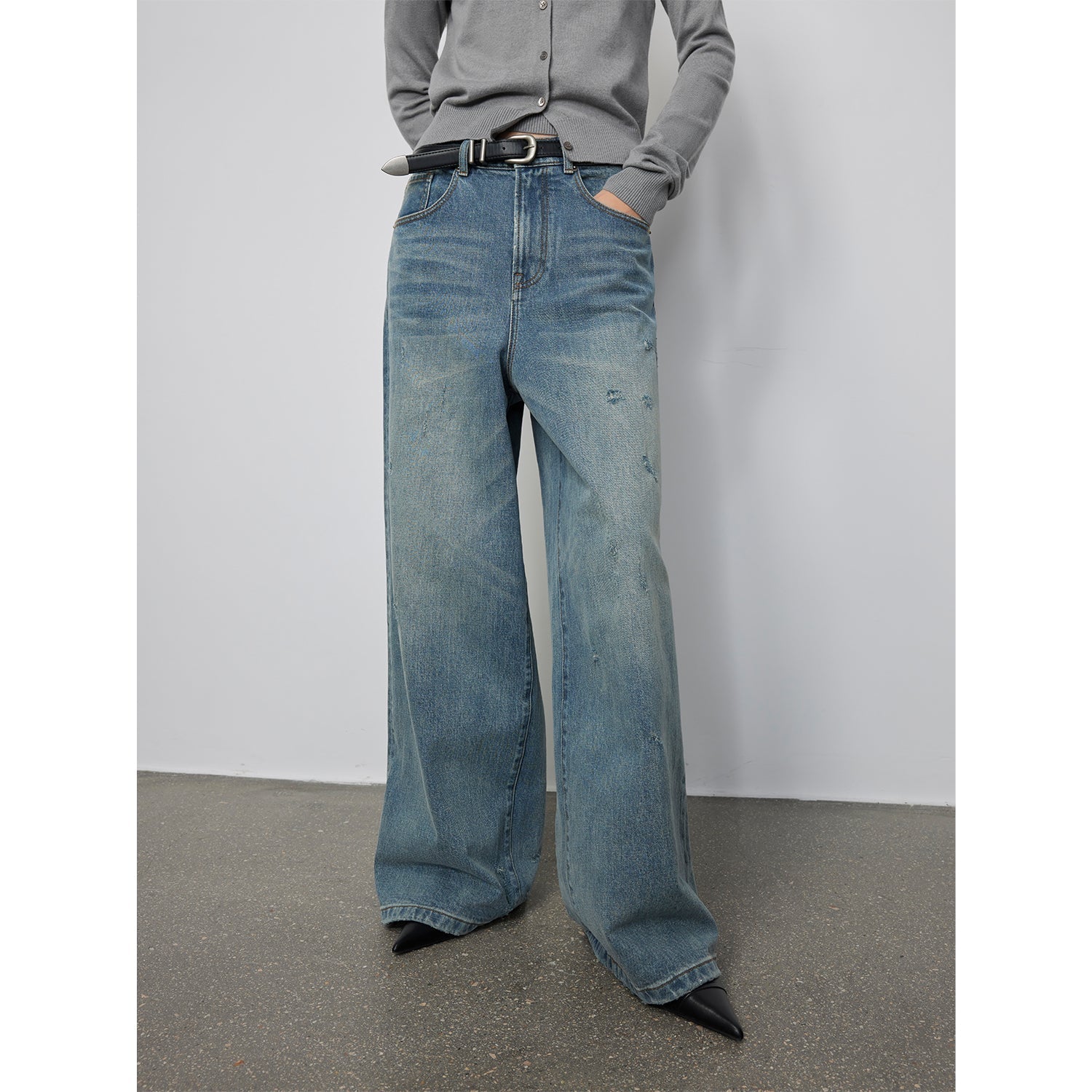 Retro Washed Distressed Wide Straight Leg Jeans