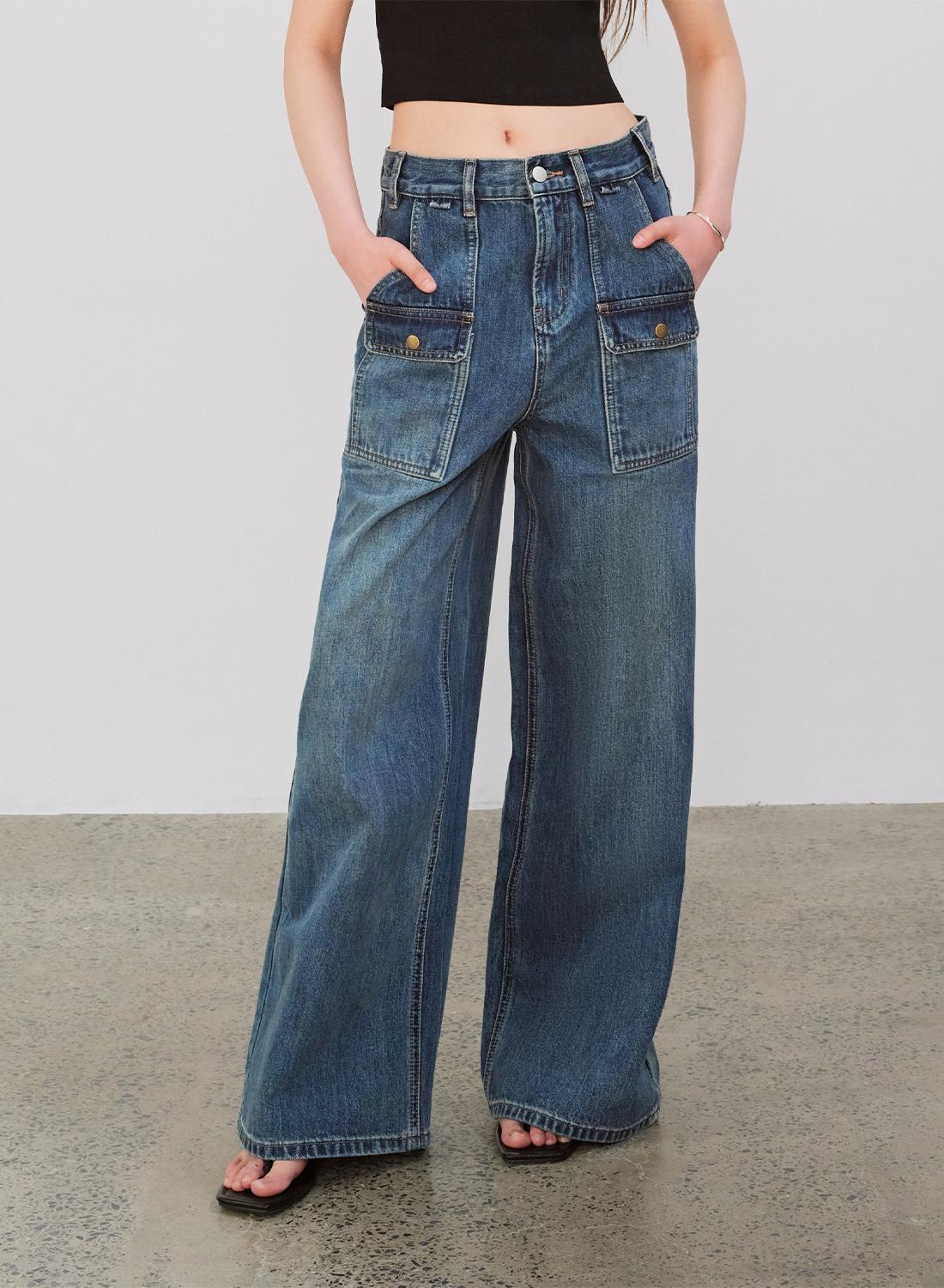Washed Vintage Blue Straight & Loose Wide Leg Jeans