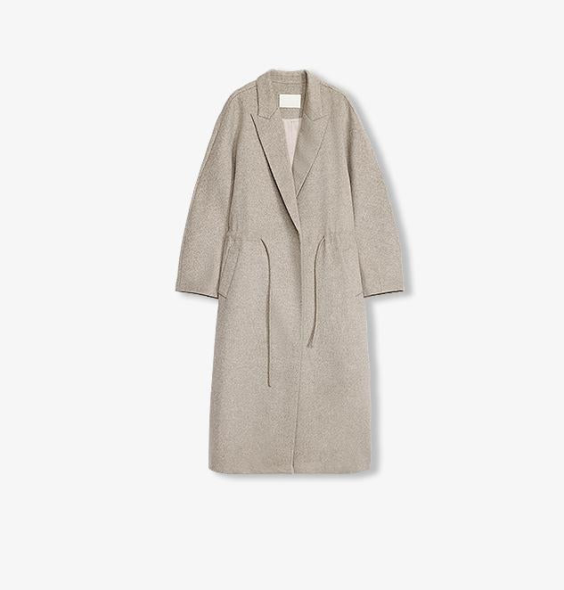 Peaked Lapel Drawstring Mid-Length Wool Coat - Light Coffee / Deep Coffee